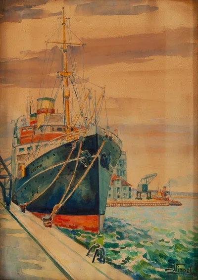 "Statek 'Pułaski' w porcie gdyńskim", Antoni Wippel