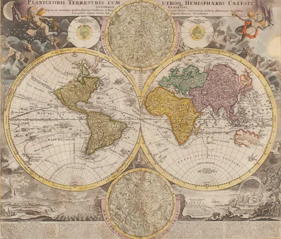Mapa świata (Planiglobii Terrestris Cum Utroq[ue] Hemisphario Calesti Generalis Exhibitio, Johann Baptist Homann
