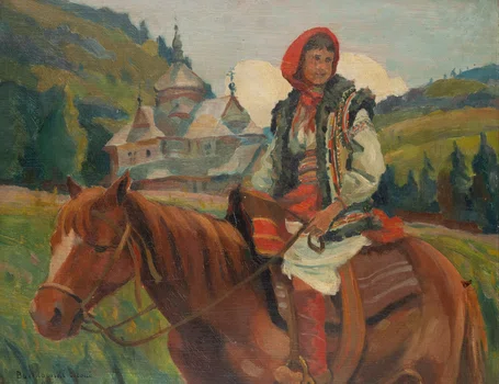 Hucułka na tle cerkwi, Antoni Bartkowski