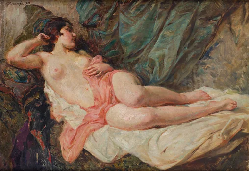 Akt leżący z różową draperią, Stanisław Zawadzki