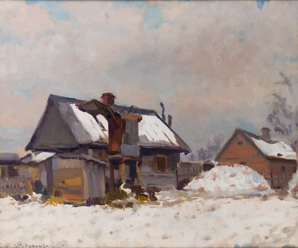 Pejzaż zimowy z chatami, Stanisław Dybowski