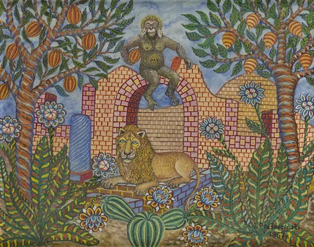 Lew i małpa w ogrodzie, Jan Płaskociński