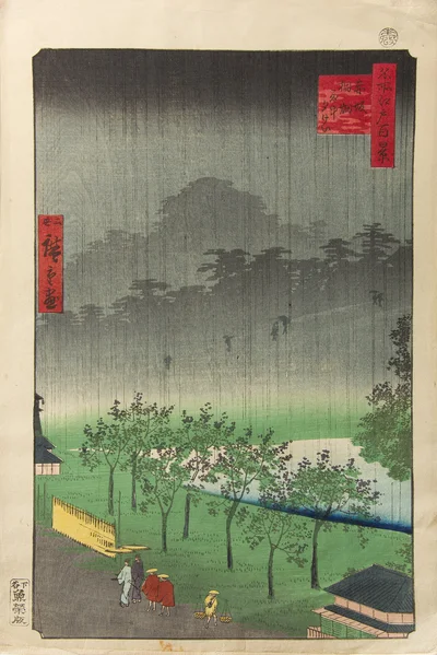 "Wieczorny widok na Kirbata w deszczu" z cyklu "Sto słynnych widoków Edo", Utagawa Hiroshige II