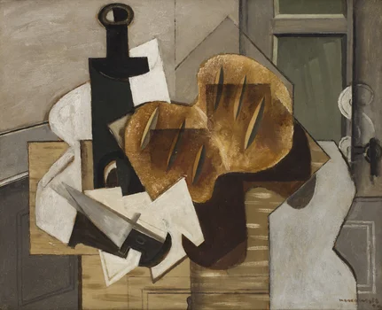 Kompozycja kubistyczna z nożem, butelką i chlebem bretońskim ("Couteau, bouteille et pain breton"), Louis Marcoussis