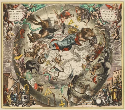 Półkule południowe nieba i ziemi, z wyobrażeniem figur Zodiaku, Henricus Hondius