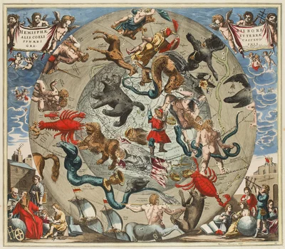 Półkule północne nieba i ziemi, z wyobrażeniem figur Zodiaku, Henricus Hondius