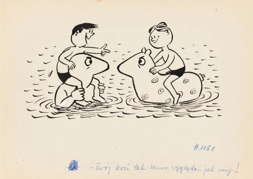 "Twój koń tak samo wygląda jak mój", ilustracja satyryczna, Gwidon Miklaszewski