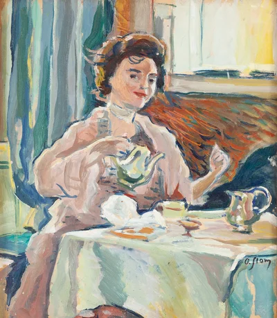 Kobieta pijąca herbatę (recto)/ Pejzaż miejski z drzewem (verso), Olga Słomczyńska
