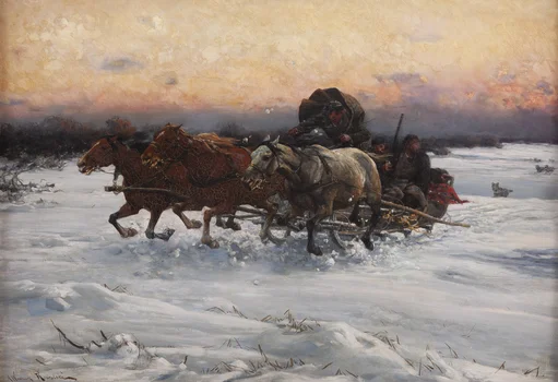 Trójka ścigana przez wilki (Ucieczka przed wilkami), Alfred Wierusz-Kowalski