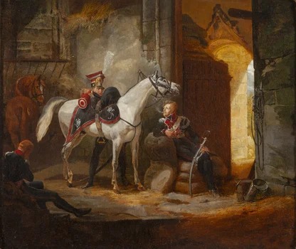 "Wnętrze starego zamku służącego Polakom dołączającym do armii za stajnię", Horace Vernet