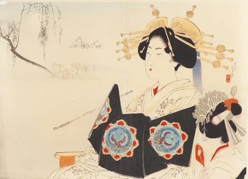 Kurtyzana (oiran) z uczennicą (kamuro), Mizuno Toshikata