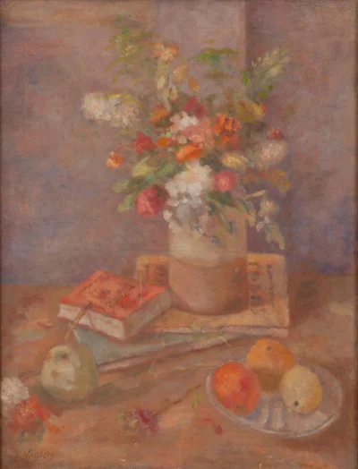 "Martwa natura z kwiatami, książkami i owocami" ("Nature morte aux fleurs, livres et fruits"), Leon Weissberg