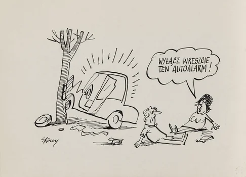 "Wyłącz wreszcie ten autoalarm!", ilustracja do czasopisma "Karuzela", Józef Skonieczny