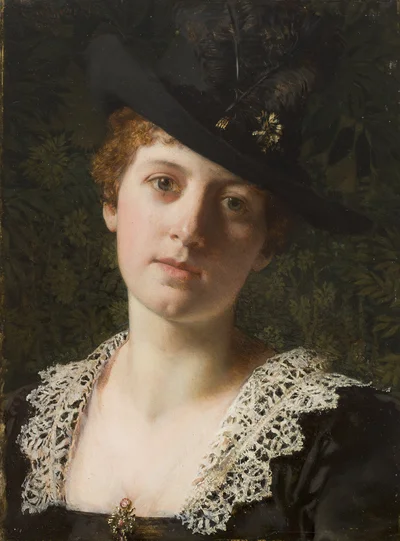 Portret kobiety w czarnym kapeluszu z piórami ("Główka w kapeluszu"), Władysław Czachórski