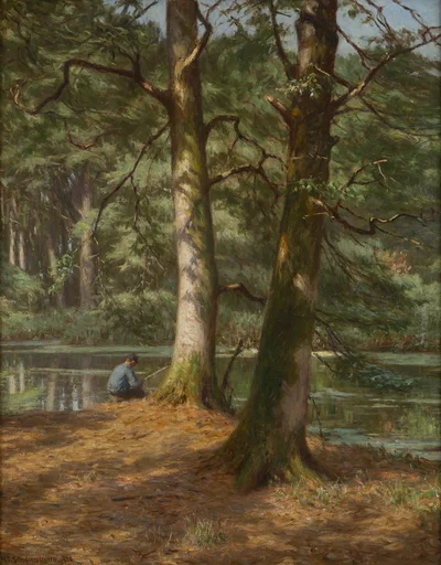 Chłopiec wędkujący nad jeziorem w lesie, Niels Frederik Schiøttz-Jensen