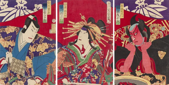 Gejsza i samuraj ze sztuki kabuki Kinkanban Tateshi no Hondana, Morikawa Chikashige